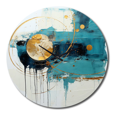 Horloge murale abstraite céleste en métal turquoise et doré