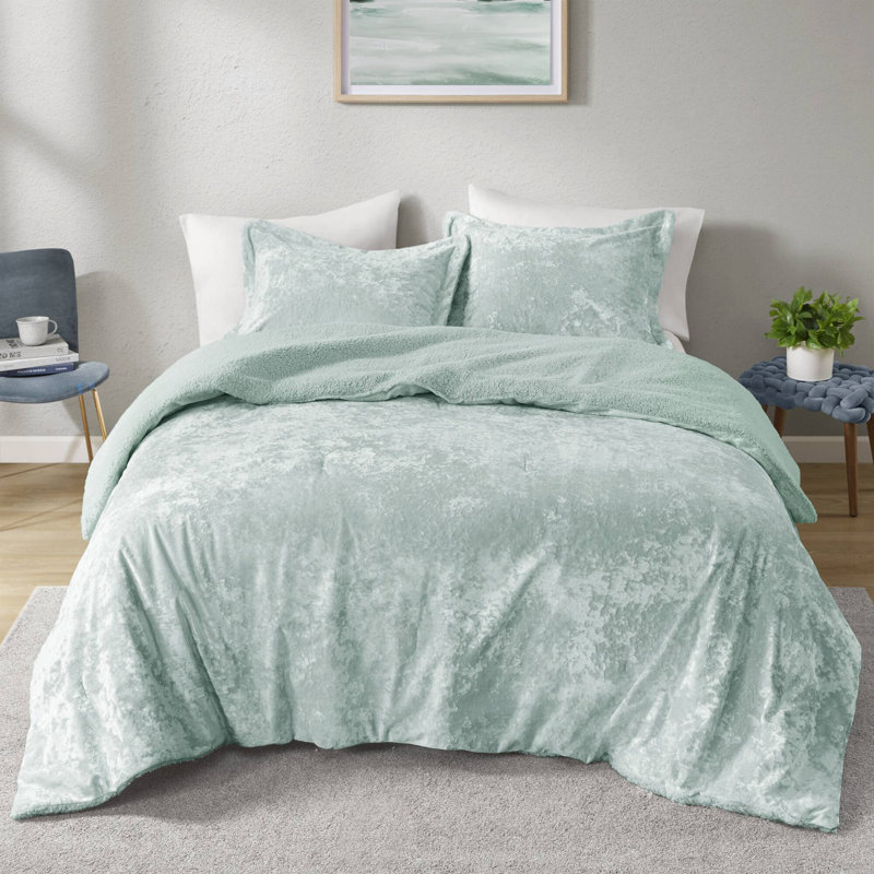 Ensemble d'édredon réversible en velours écrasé Mira, Édredon double / grand + 2 taies décoratives sta, Turquoise