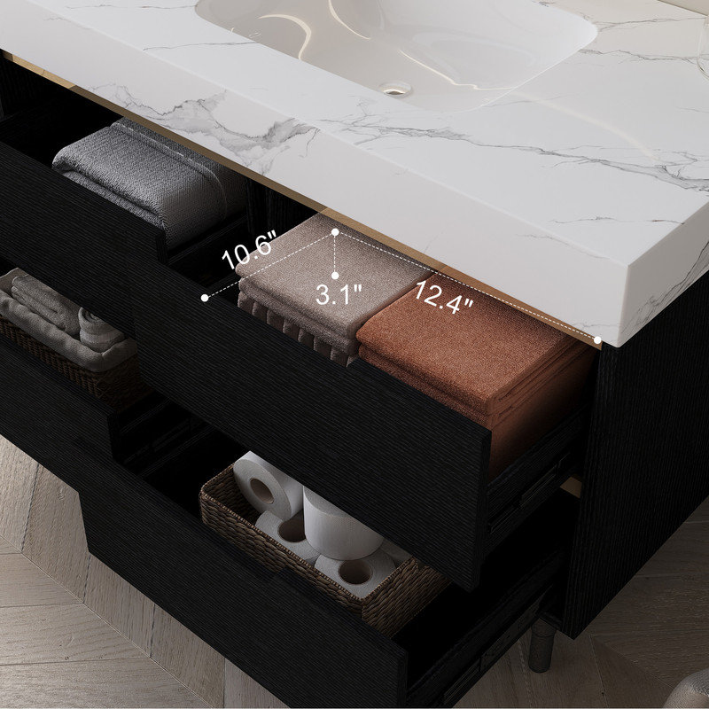 Meuble-lavabo multifonctionnel de 35,4 pouces avec lavabo en céramique encastré, comptoir en pierre frittée, structure en bois multicouche imperméable et 4 tiroirs de rangement, autoportant et mural