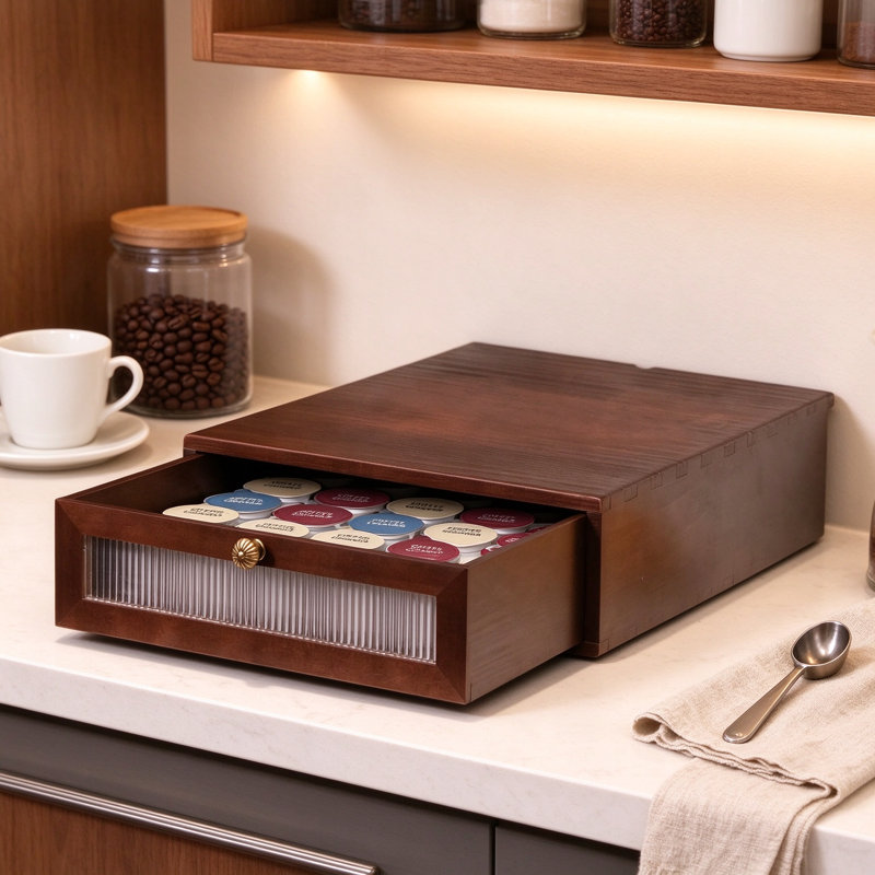 Solid Pine Coffee Maker Stand with Storage Drawer, Under-Machine Cord Organizer and Creamer Pod Holder for Countertop Coffee Station