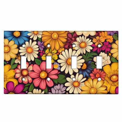 Metal Light Switch Plate Cover; US Standard Size 4 Gang Toggle - Retro Daisy Floral Collage