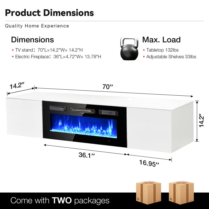 Floating Tv Stand With 36" Electric Fireplace, Wall Mounted Fireplace Entertainment Center With Storage For Tvs Up To 80", Adjustable Partition