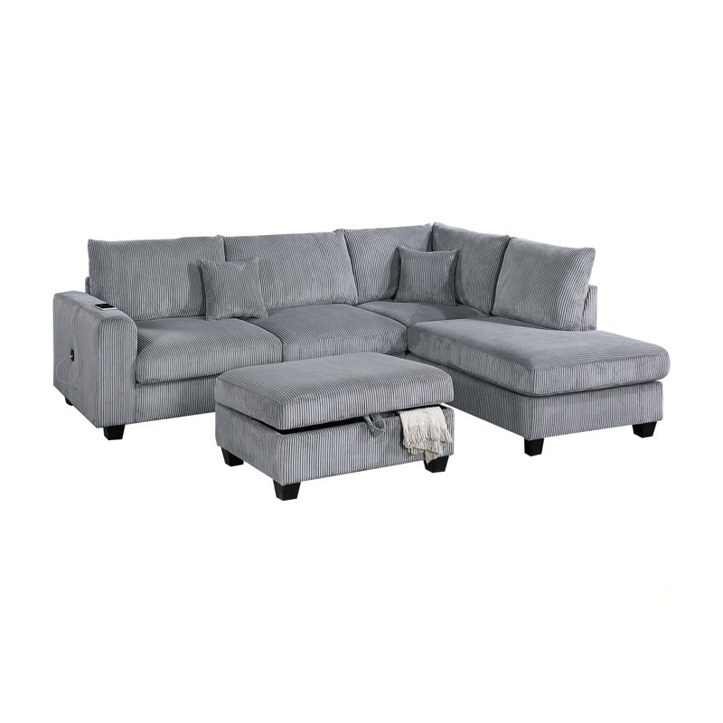 Contemporary 3Pc Sectional Set With Corduroy Couch, Laf Sofa, RAF Chaise, Ottoman For Comfortable Living, Fog