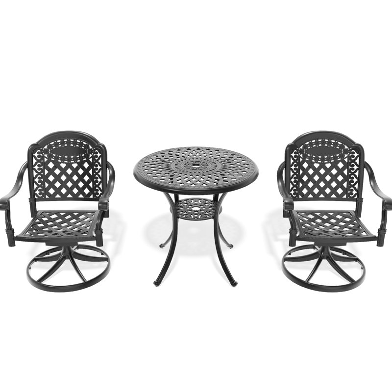 3 Outdoor Aluminum Dining : 2 Swivel Chairs & 30.71" Round Table, Black, Heat- Material, Padded Seat Cushion For Garden: Weather- Structure, Comfortable Back Support