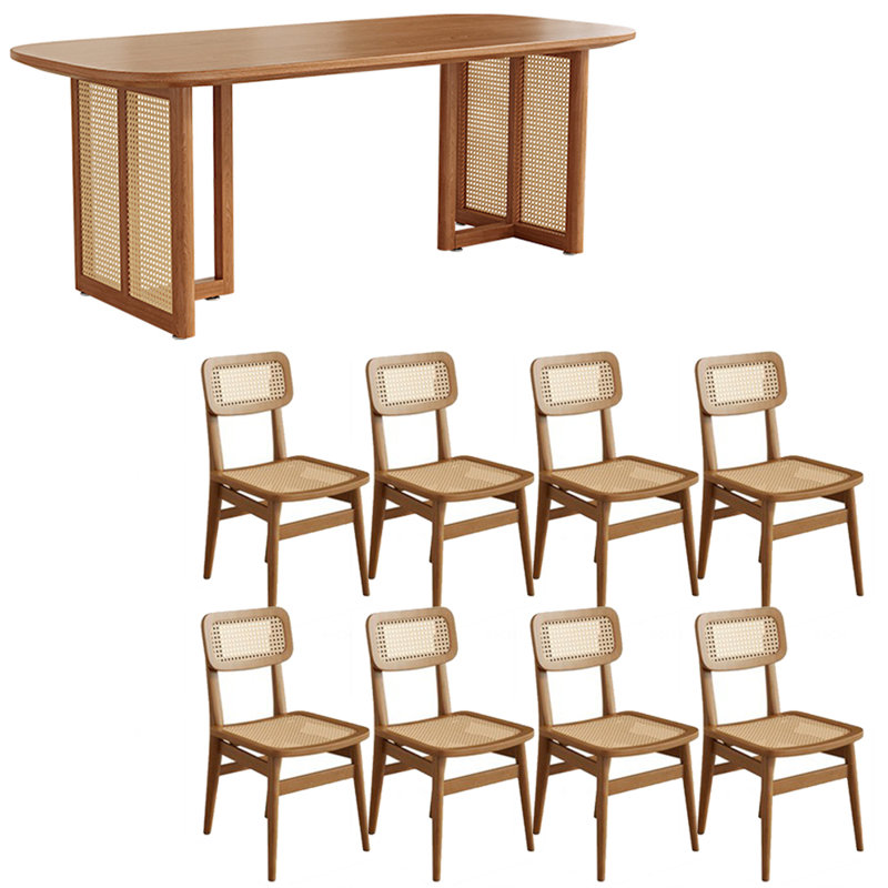 Ensemble de table en rotin de bois de style japonais, H 29,5 po x L 86,6 po x l 39,3 po, 9 pièces : table, 8 chaises