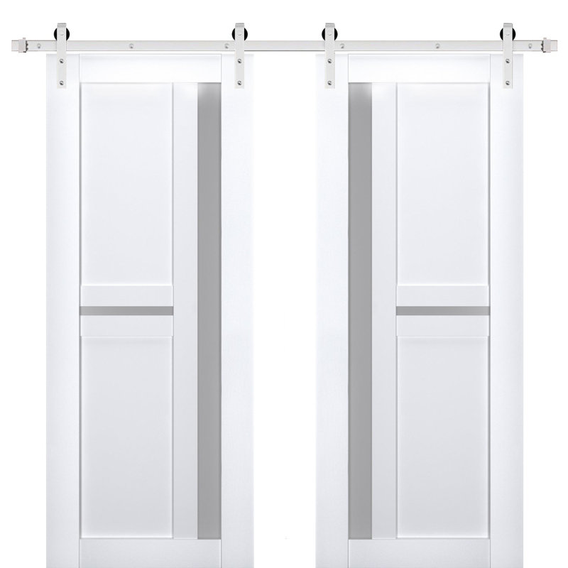 Porte de grange double robuste Veregio 7288 Blanc Soie avec verre dépoli, supports de rail argentés de 4 m (13 pi), portes intérieures à panneaux massifs et robustes