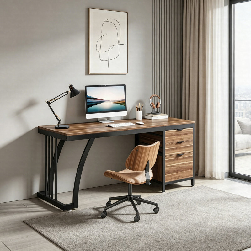 Industrial Computer Desk 59", Study Desk With Reversible Drawer Cabinet And File Storage, Walnut