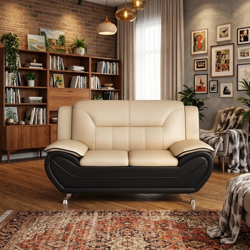Causeuse de 61 po de largeur en similicuir avec pieds en métal, Beige/black Faux Leather