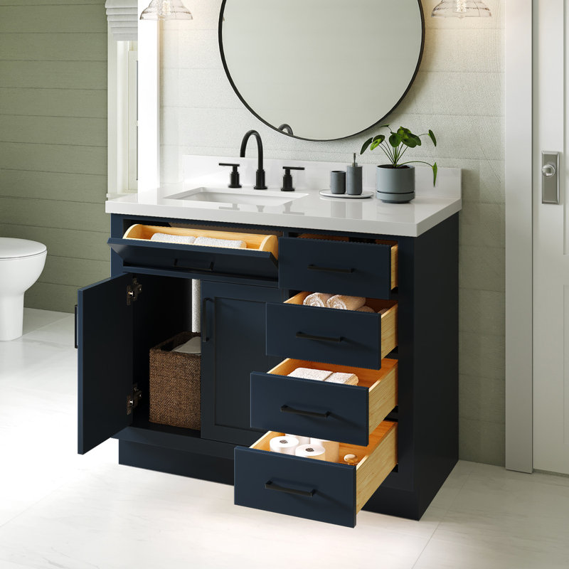 Meuble-lavabo simple en bois massif 42 po Tidworth avec plateau en quartz blanc 1,5 po, Gauche, Forme rectangulaire