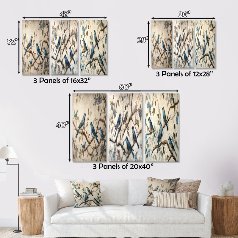Quatre oiseaux bleus rétro sur une branche I - animaux, ensemble d'art de 3 pièces, H 32 po x l 48 po x P 1 po