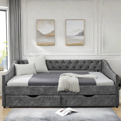 Daybed With Drawers, Button On Back And Copper Nail On Waved Shape Arms