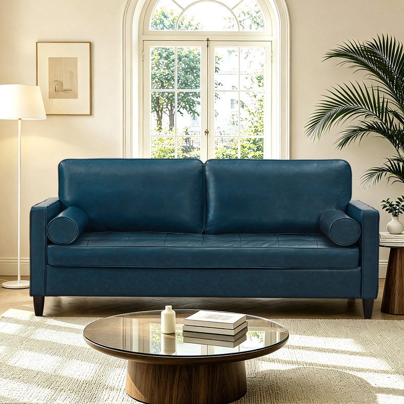 Canapé en cuir de style classique, similicuir respirant avec coussin de siège capitonné, pieds en bois massif pour le salon, bleu marine