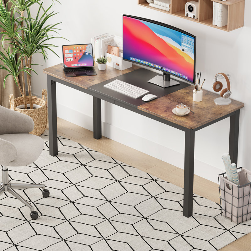 Solid Wood Top Metal Base Computer Desk, Brown
