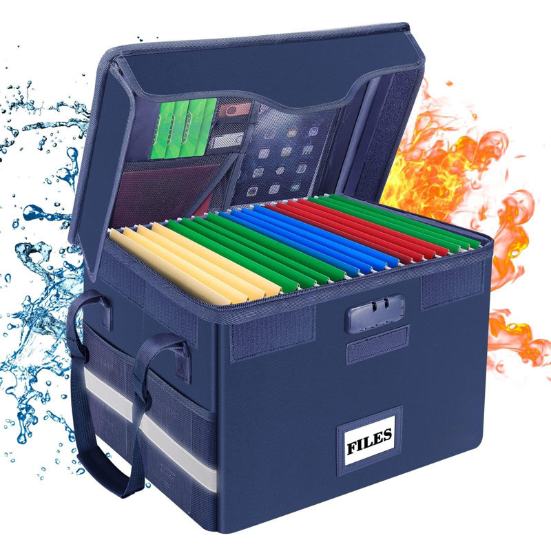 File Box Fireproof Document Box With Lock,File Storage Organizer Box With Insert Pocket,Collapsible Portable File Box Home Office File Cabinet With Handle For Hanging Letter/Legal Folder,Blue