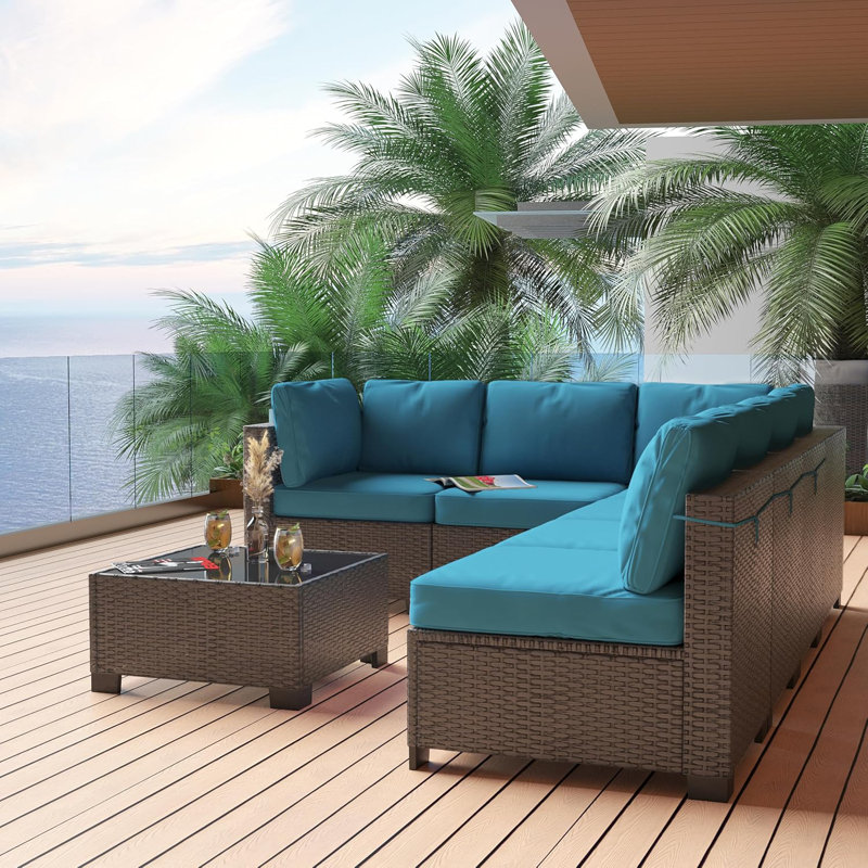 Ensemble de 7 chaises d'extérieur avec coussins souples détachables Patio Ensemble de conversation modulaire imperméable avec plateau en verre