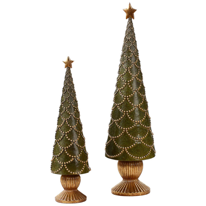 Cône d'arbre de Noël vert sur piédestal avec dessus de table en forme d'étoile, H 23 po x l 6,25 po x P 6,25 po