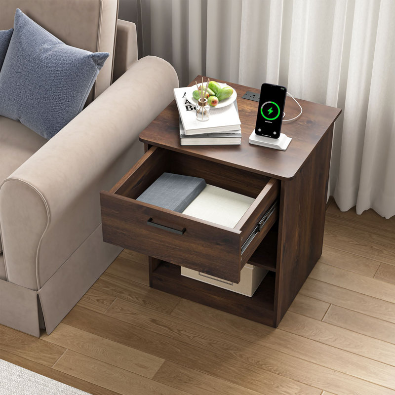 Table de chevet à 1 tiroir avec station de charge, Brun