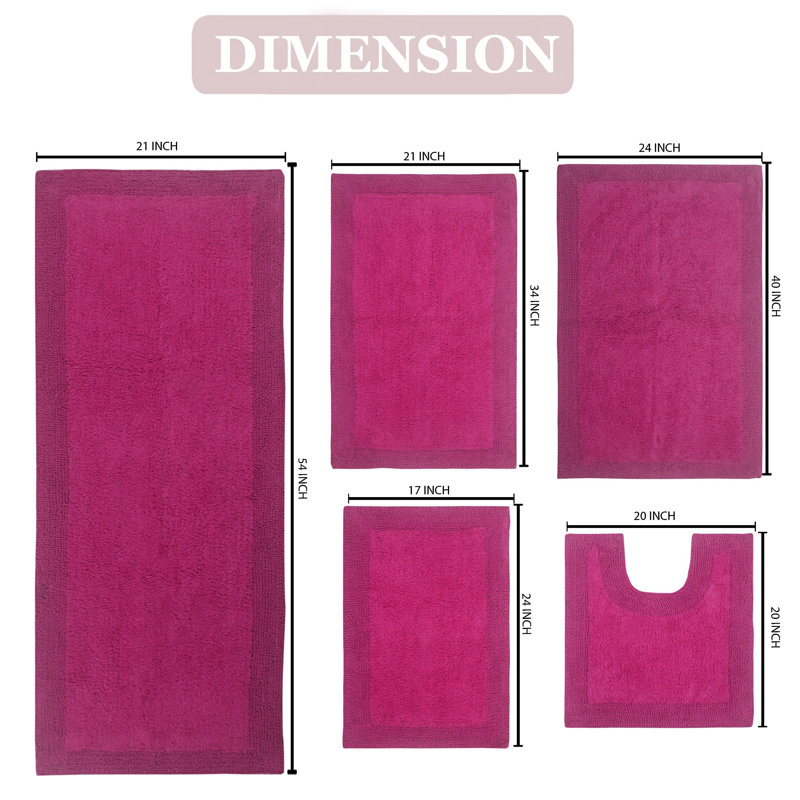 Bruss Luxury 100% Cotton Bath Rug (Set of 5) Reversible, Hot Pink