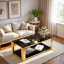 Table basse moderne moderne avec plateau en verre trempé, tablette inférieure et structure en métal asymétrique-265702479
