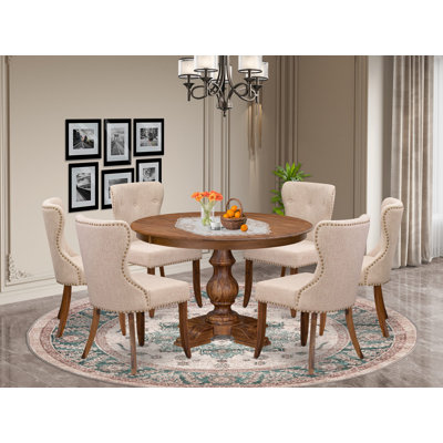 7-Pc Kitchen Set consists of a Pedestal Dining Table and 6 Light Tan Linen Fabric Kitchen Chairs with Button Tufted- Antique Walnut