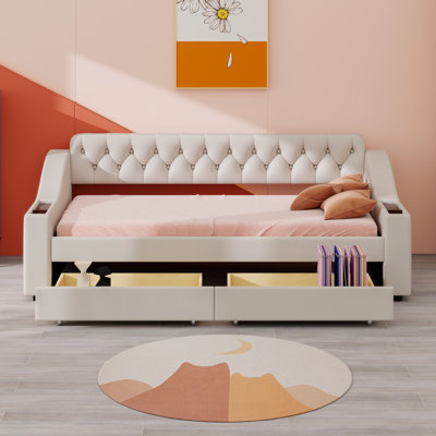 Upholstered Daybed With Drawers,Storage Armrests And USB Port