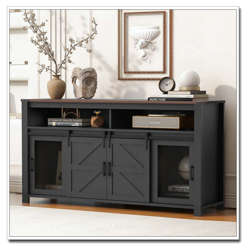 59.3''Sideboard With Sliding Barn Door And Mesh Panels,Farmhouse Buffet With Open Storage,Suitable For Living Room, Hallway, Balcony,Kitchen