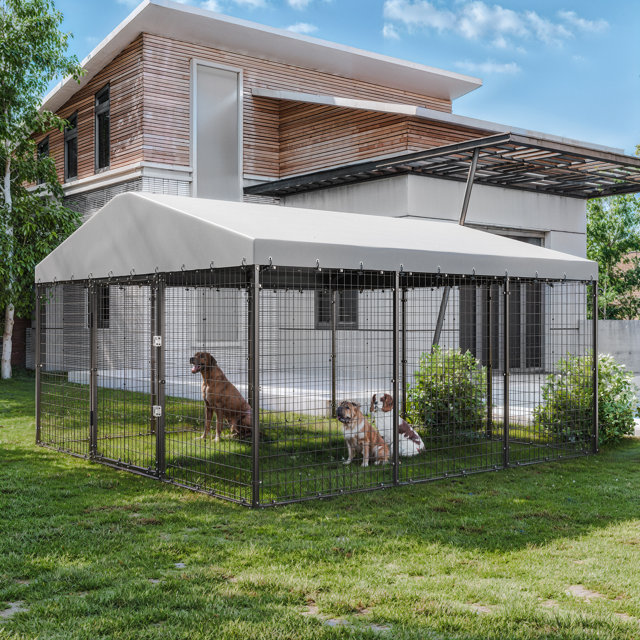Black metal outdoor dog pen on grass.