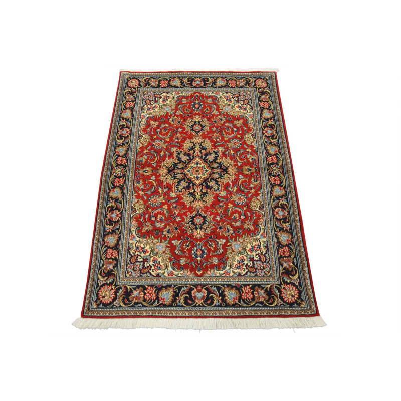 Tapis Qom fin 3’5” x 4’10” rouge laine/soie, tapis traditionnel noué à la main