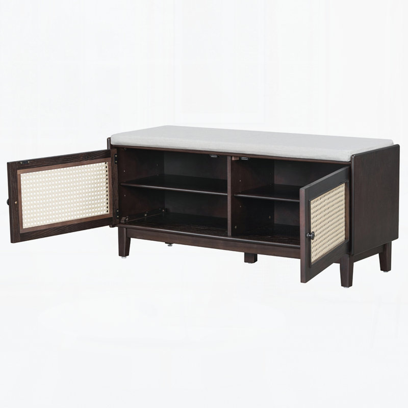 Banc d'entrée en rotin avec rangement Boho, Espresso / beige