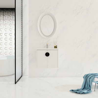 Wall Mounted Bathroom Vanity Sink, 24". For Small Bathrooms, Glossy White. Modern Style With Soft Close Door Cabinets. Ceramic Basin, Exquisite. Metal Handles, . Plywood Construction, -. Assembly