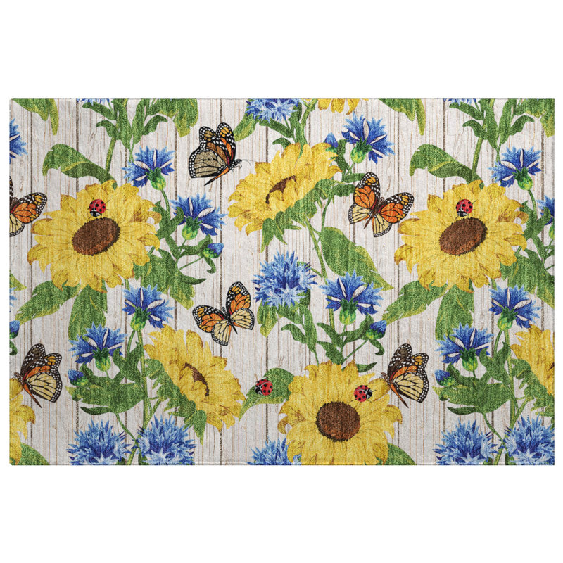 Premium Machine Washable Dream Shag ADS171 Sunflowers/Butterflies Rug, 2'6" x 3'10"