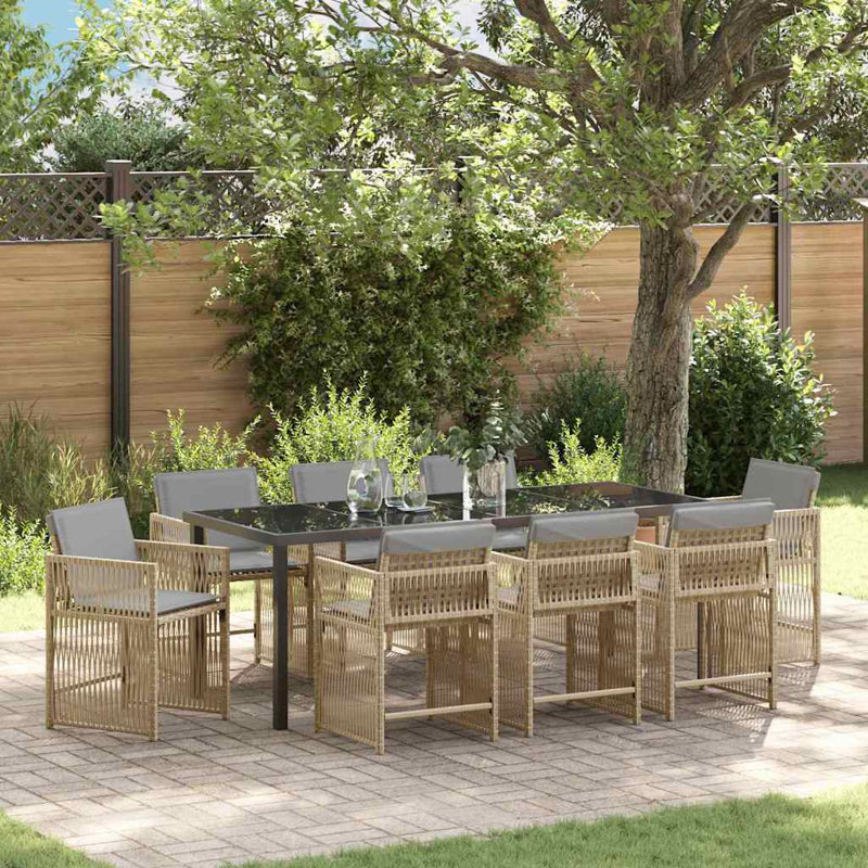 Emiya 8 - Person Patio Dining Set with Rectangular Table, Grey Cushion/Natural Frame