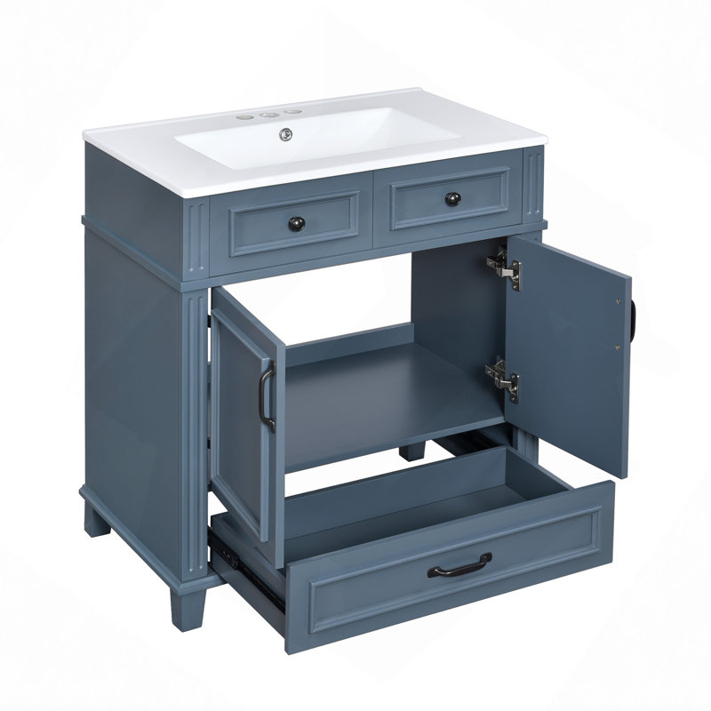 Bathroom Vanity With Resin Sink, Solid Wood Frame Bathroom Storage Cabinet With Soft Closing Doors, Retro Style, Blue / Black