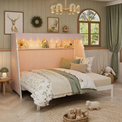 Twin XL House Bed with Trundle, Shelf, Tent, and Light for Cozy and Magical Sleepovers, Perfect for Kids' Rooms