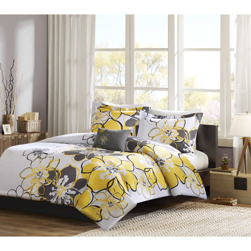 Allison Floral Duvet Cover Set with Throw Pillow, Twin XL Duvet Cover+1 Sham+Throw Pillow, Yellow