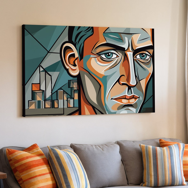 Toile, un frappant portrait cubiste d'un visage humain composé d'art mural formes géométriques angulaires et lignes audacieuses rendues dans une palette