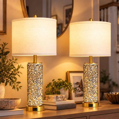 29" Colorful Mosaic Table Lamps with Built-In Night Lights, Brass-Finished Accents and White Fabric Shades