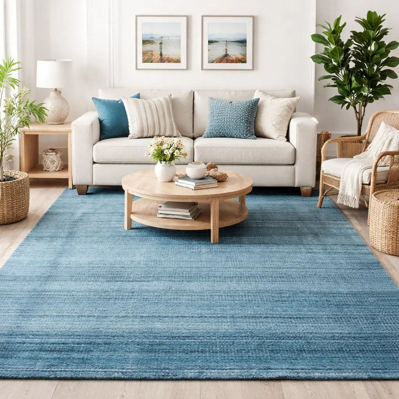 Tapis tissé à la main | Tapis en laine et bambou en soie moderne | Tapis bleu sarcelle 4 mm, Rectangle de 5 pi x 8 pi