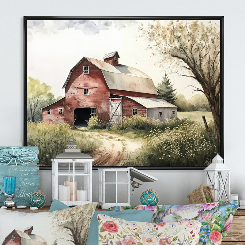 Pittoresque chemin sinueux et grange III - art mural sur toile de campagne / campagne, Toile à cadre flottant noir