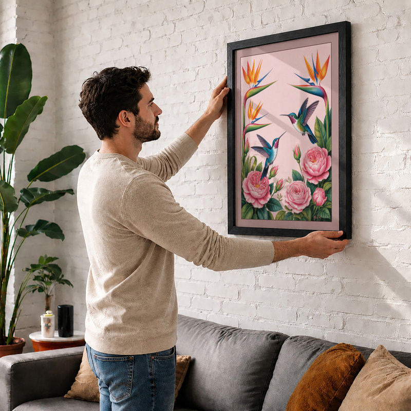 Hummingbirds and Blooms Botanical - Framed Print, Unframed, A4 - 29.7 x 21.0 cm