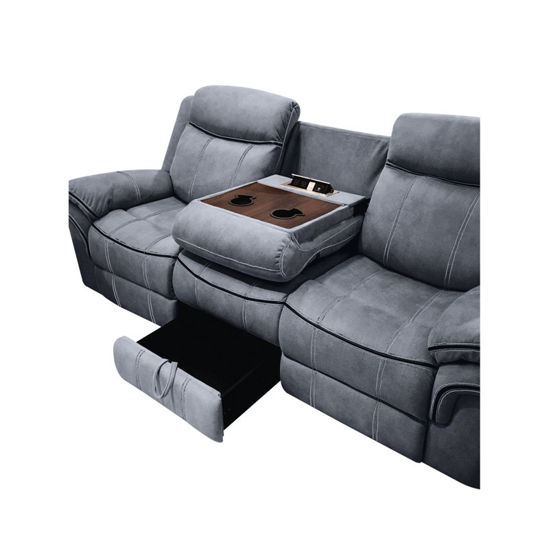 Fauteuil inclinable confortable en velours avec rangement caché et inclinable à deux tons de gris, table rabattable, 3 places, et détails capitonnés élégants