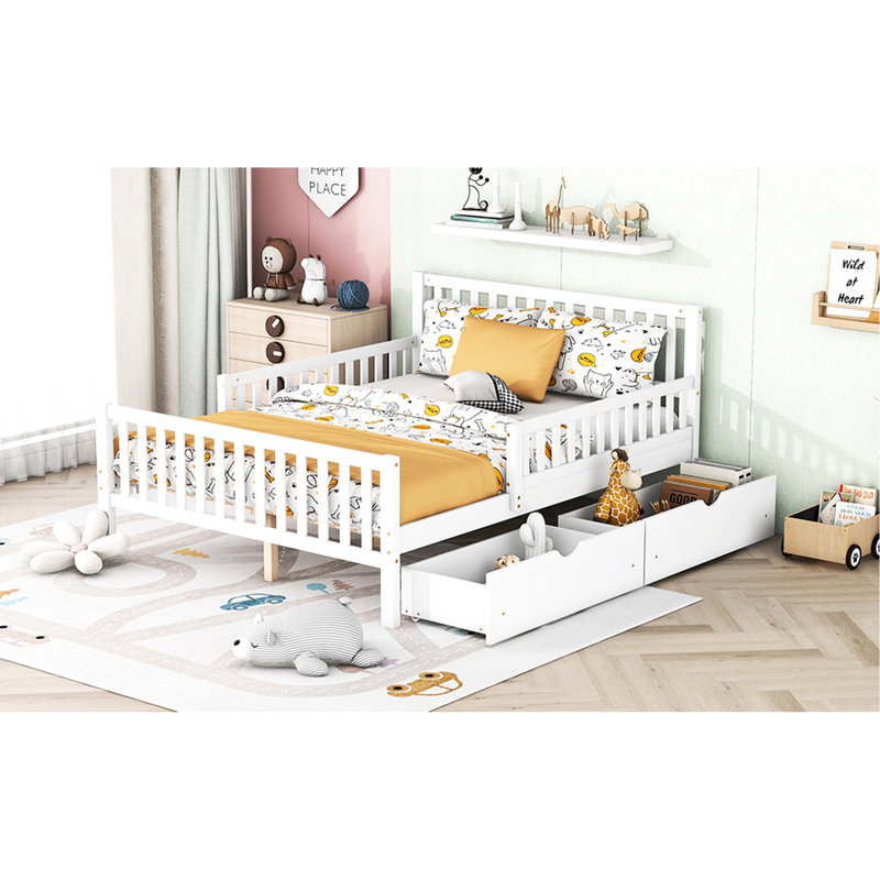 Lit plateforme double en bois pleine grandeur avec garde-corps, décoration blanche, garde-corps de rangement et deux tiroirs pour une chambre à coucher élégante et organisée