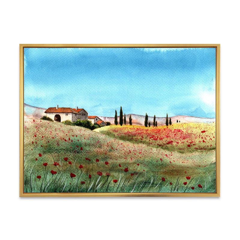 «A Tuscany Landscape With Distant Villa», reproduction sur toile, Toile à cadre flottant doré, H 16 po x l 32 po