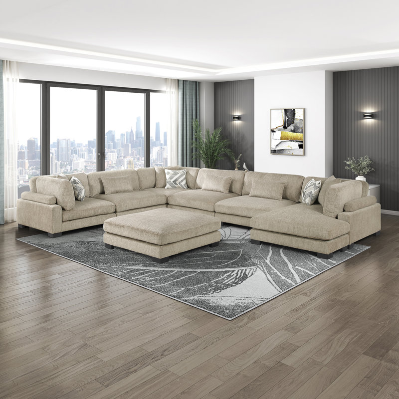 Hulett 135" Modern Modular Sectional with Microfiber Fabric, Included Ottoman & 9 Pillows, Brown