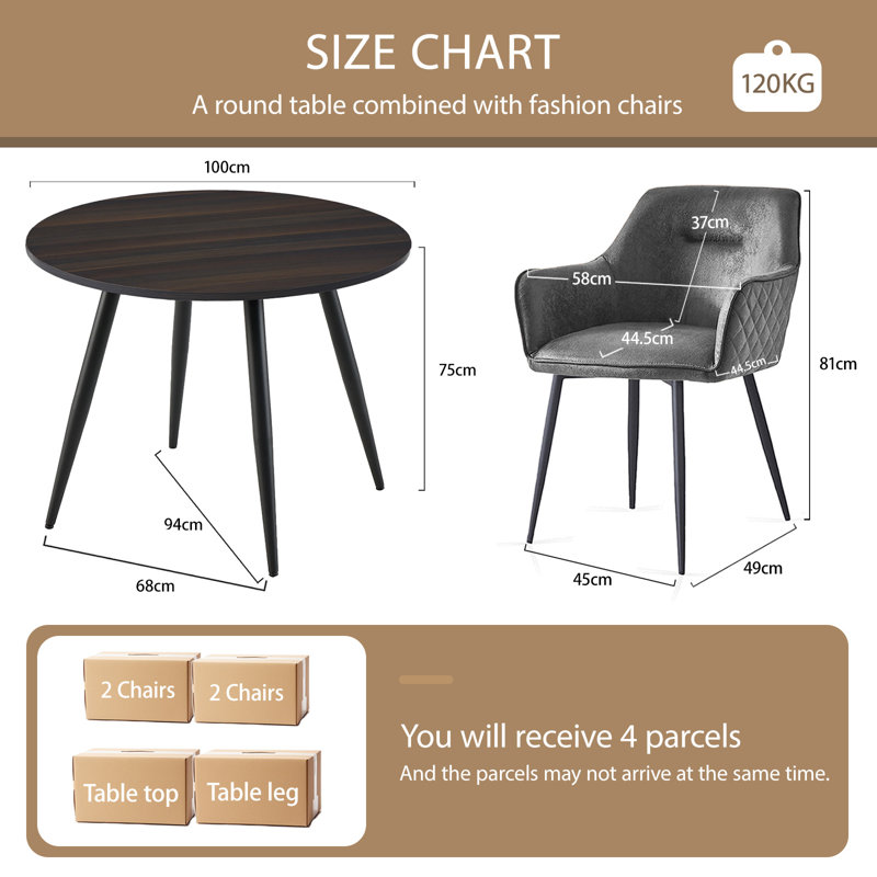5-Piece Round Dark Walnut Dining Set with Faux Suede Chairs, Grey, Grey