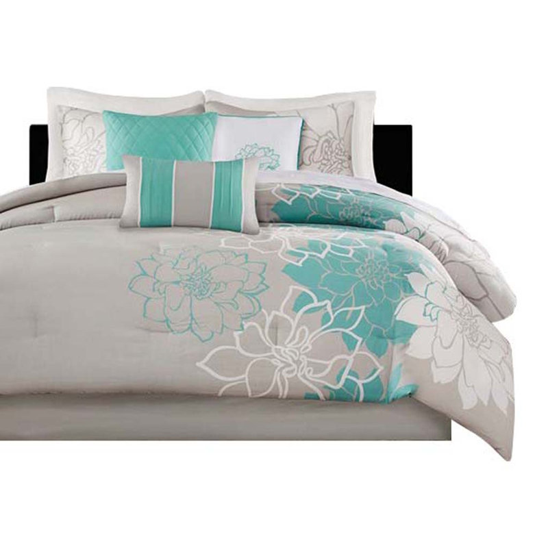 Glenda Floral Printed Comforter Set, Queen Comforter + 6 Additional Pieces, Purple