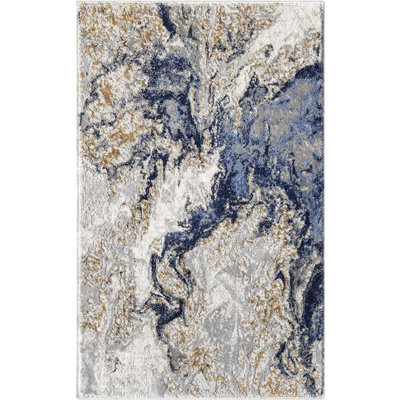 Marble Collection Blue Area Rug 2x3 Ft  Modern Abstract Swirl Design Non-Shedding Carpet