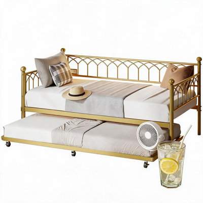 Twin Daybed with Trundle, Metal Sofa Bed Frame with Charging Station & LED Lights, 2 in 1 Pull Out Twin Trundle Bed for Living Room, Bedroom, Guest Room,Apartment and Small Spaces.