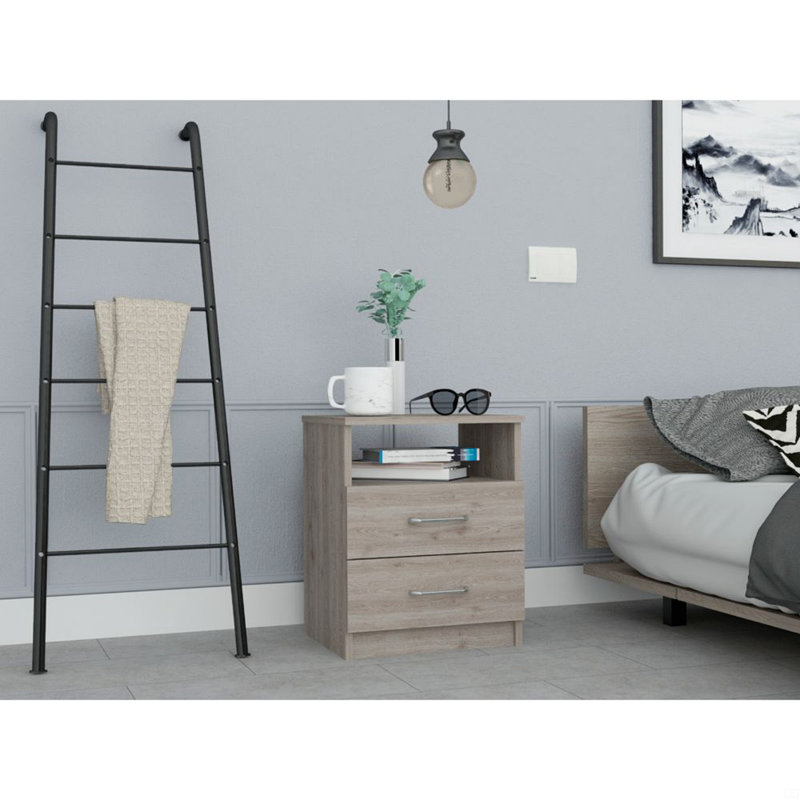 Table de chevet, table de bout, plateau supérieur, deux tiroirs, une tablette, Gris