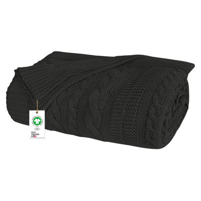 Delara Organic Cotton Throw Blanket 50x70 inches, GOTS Certified Cable Knitted Throws Blanket for Sofa Couch Bed